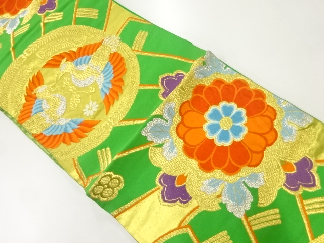 JAPANESE KIMONO / ANTIQUE FUKURO OBI / SILK / WOVEN FOLDING FAN & BIRDS 